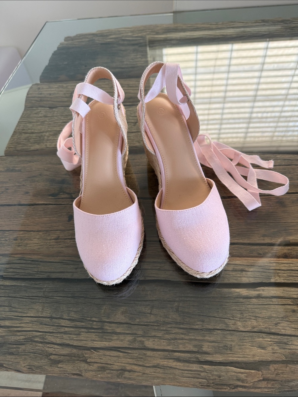 Blush Pink Espadrille Wedge Sandals with Lace-Up Ankle Ties
